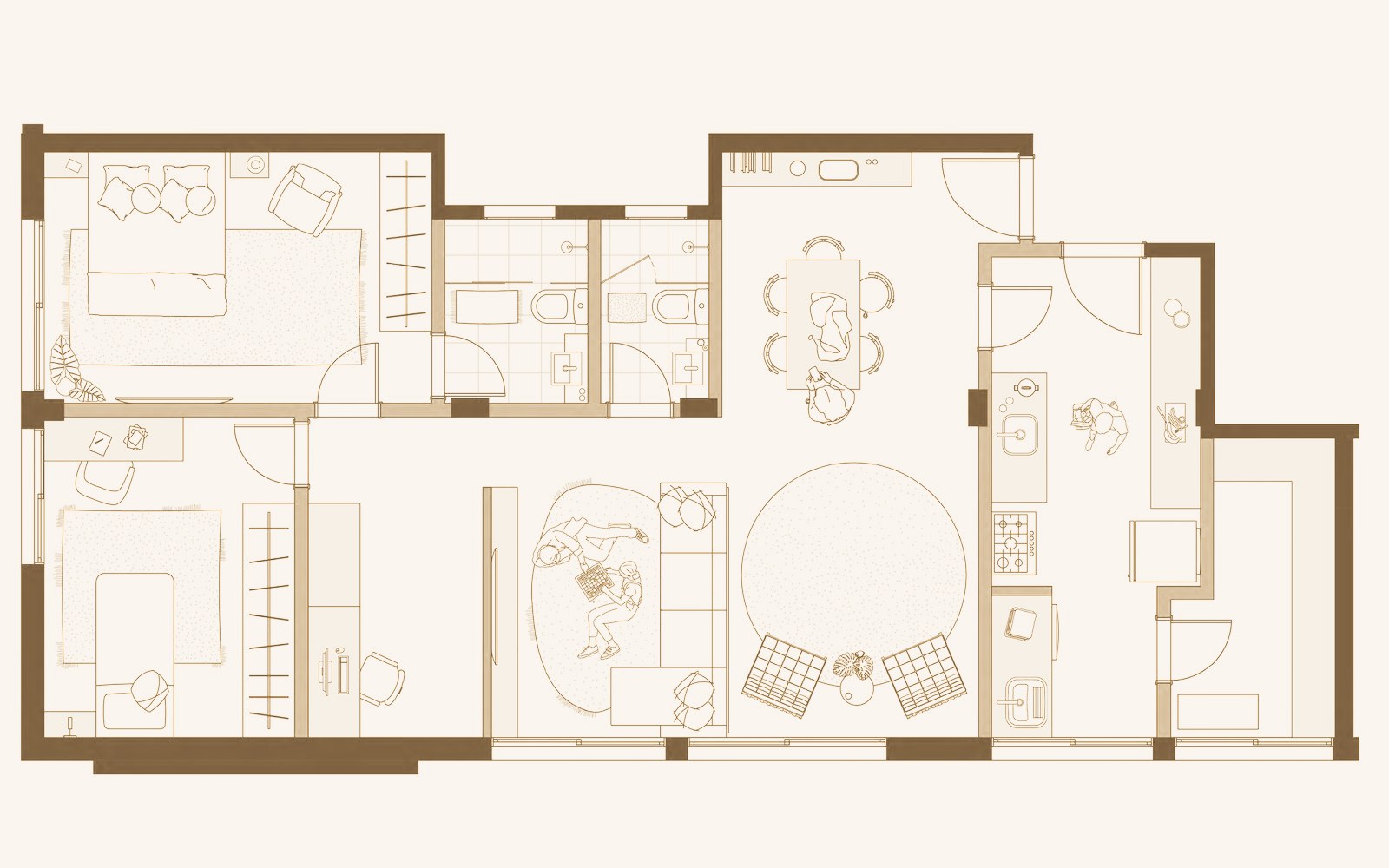 Planta humanizada de 2 dormitórios com 1 suíte, escritório, cozinha, lavanderia e área de serviço